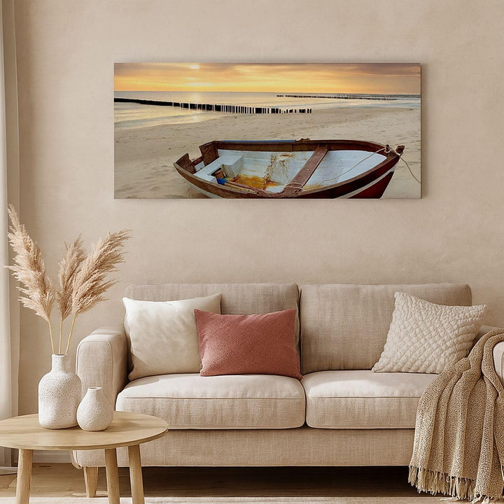 Wandbilder Dekoration Wohnzimmer Strand Boot Ostsee Sommer Panorama Bilder auf Leinwand 120x50cm Lei