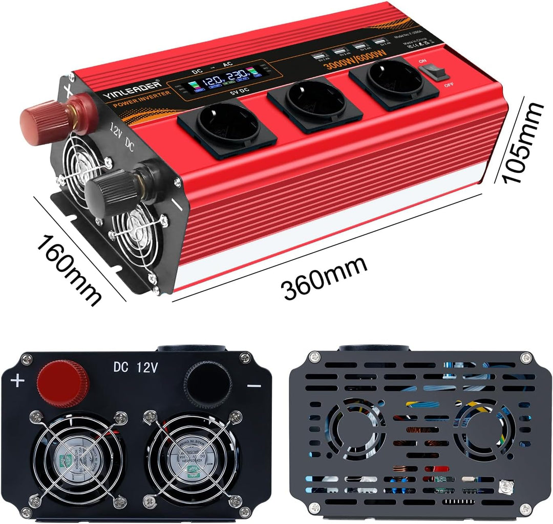 Wechselrichter 12V 230V 3000W /6000W Wechselrichter Fernbedienung 4X USB und LCD 3 AC Steckdosen Mod