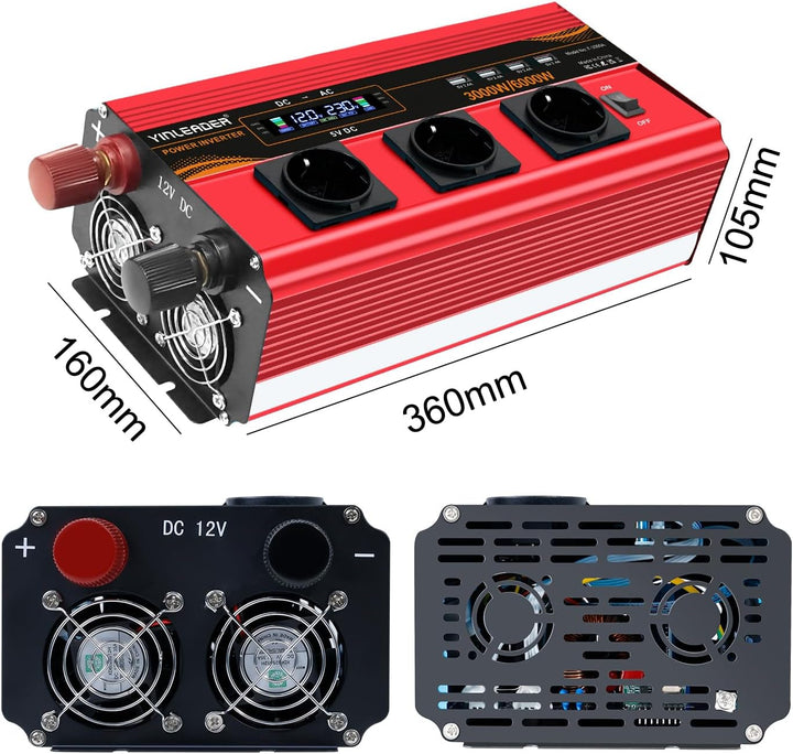 Wechselrichter 12V 230V 3000W /6000W Wechselrichter Fernbedienung 4X USB und LCD 3 AC Steckdosen Mod