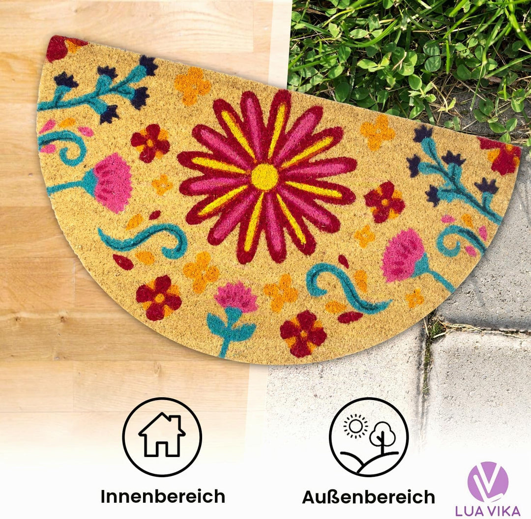 Fussmatte Kokos halbrund - Blumig - 40x70 cm - Fussmatte Aussen und Innen - Fussmatten Haustür - Tür