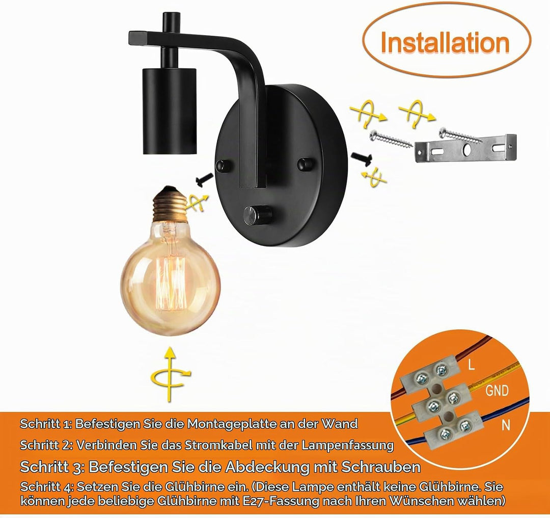 Lightess 2er Pack Industrielle Wandlampen Schwarze Wandleuchten mit dimmbarem Dimmerschalter Innen E