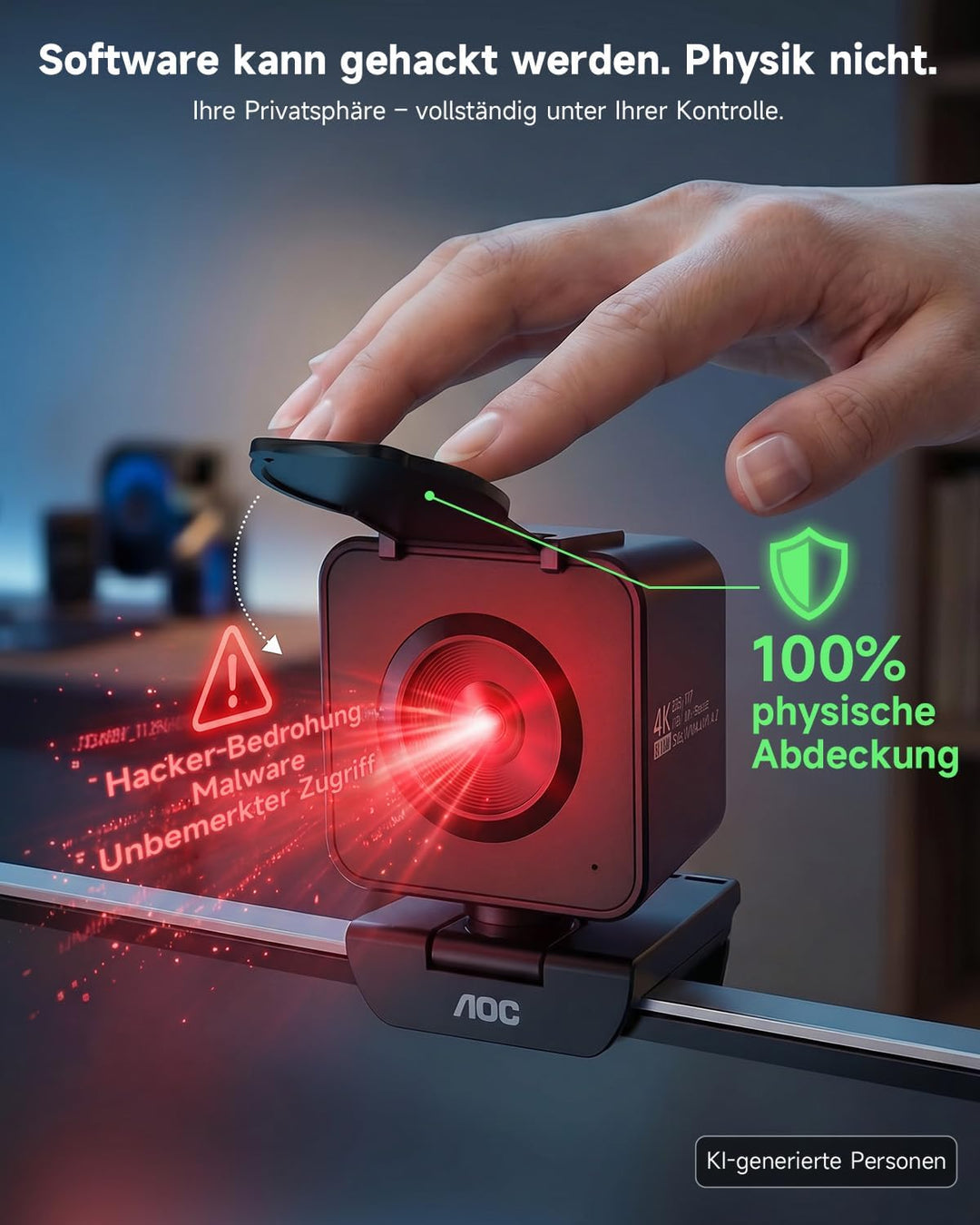AOC UHD Webcam 4K, Webcam mit Objektivabdeckung &amp; Dual Mikrofon, 75° Streaming Kamera mit Autofokus,