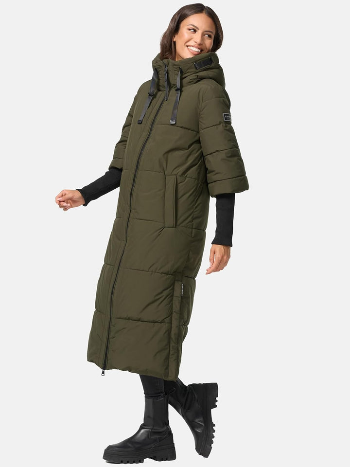 Navahoo Damen Wintermantel warmer Steppmantel lang mit Kapuze und Rippstrickärmeln Ciao Miau XIV XS-