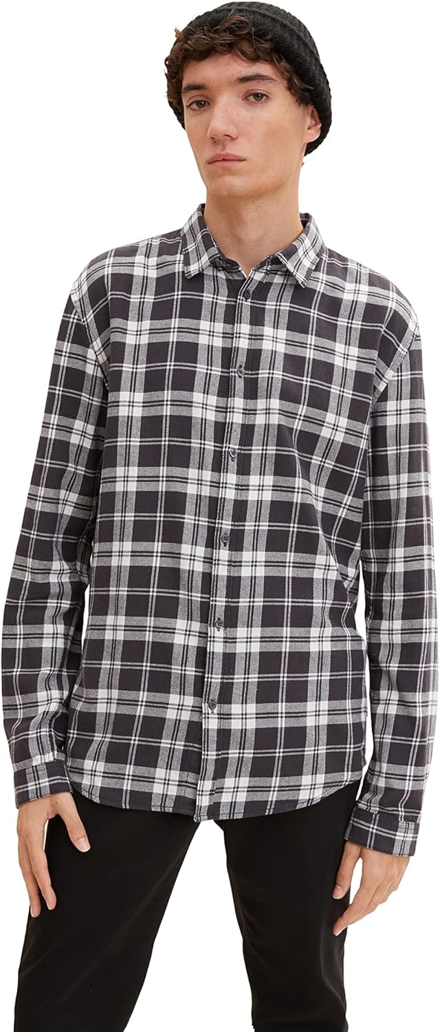 TOM TAILOR Denim Herren Hemd mit Karomuster, 30672 - Coal Grey Light Beige Check
