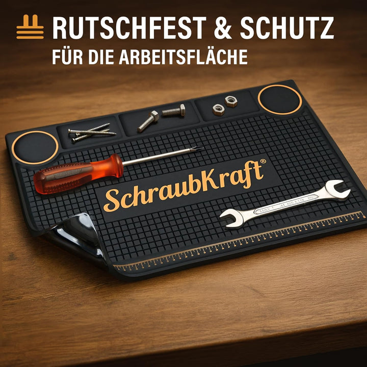 Premium Werkbankmatte (55 x 35cm) - Antirutsch Werkstattunterlage mit Organizer & Messskala I Robust