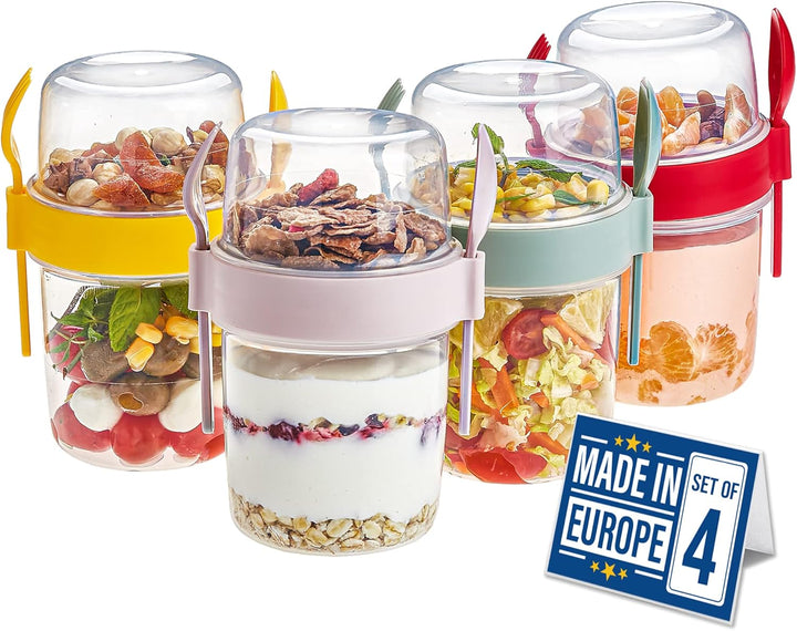 CRYSTALIA Müslibecher to Go mit Löffel & Gabel Set 4, 100 % BPA-FREI Joghurt Becher to Go mit Deckel