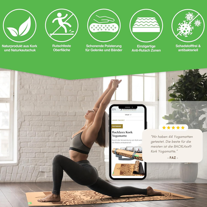 BACKLAXX ® Yogamatte Kork mit Naturkautschuk - FAZ Testsieger 12/2025 - Yoga Matte nachhaltig, schad