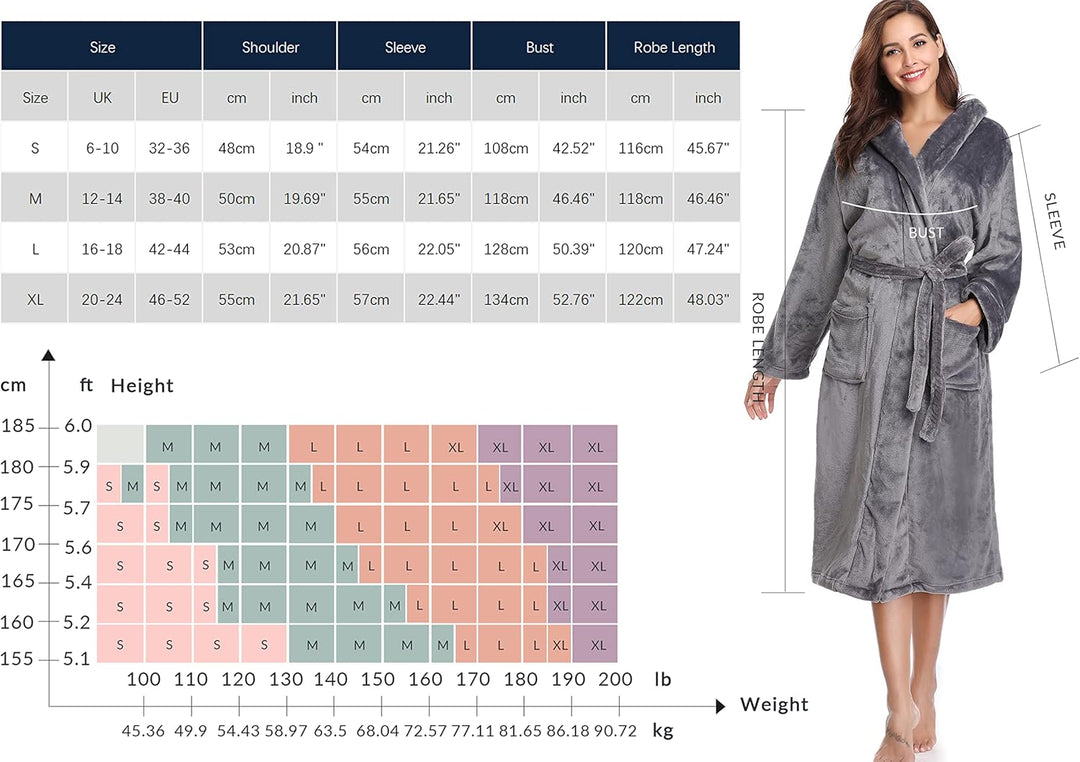 Vlazom Winter Bademantel weicher Flanell Bademantel Damen Saunamantel mit Kapuze Flauschiger Morgenm