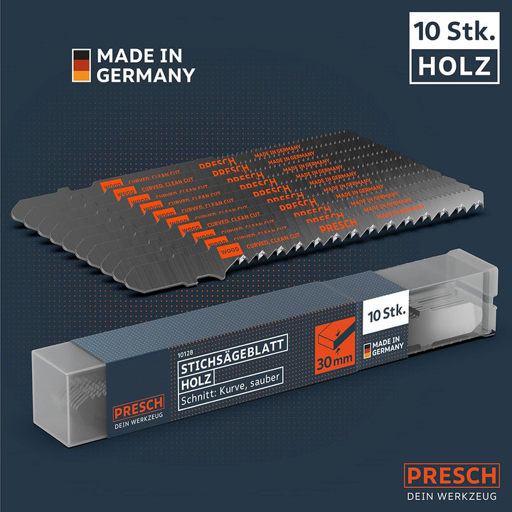 Presch Stichsägeblätter Holz 10 Stk. (Kurve) - Sehr sauberer Kurvenschnitt (4-30mm) - Stichsägeblatt