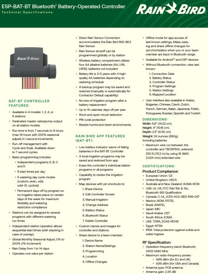 Rain Bird ESP-BAT-BT - Bluetooth-batteriebetriebenes Steuergerät Bewässerungscomputer (6 Stationen)
