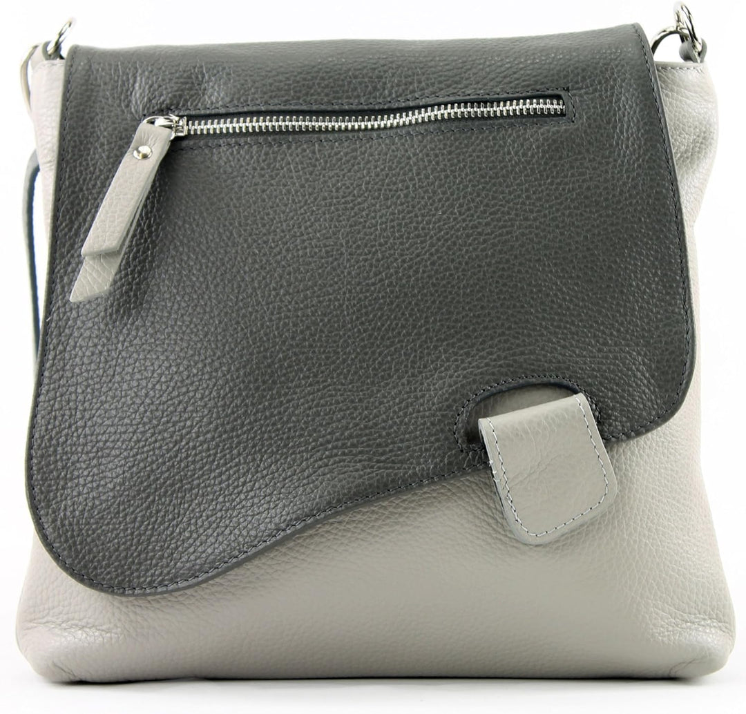 modamoda de - T146 - ital. Umhängetasche Schultertasche aus Leder Grau/Dunkelgrau2021, Grau/Dunkelgr