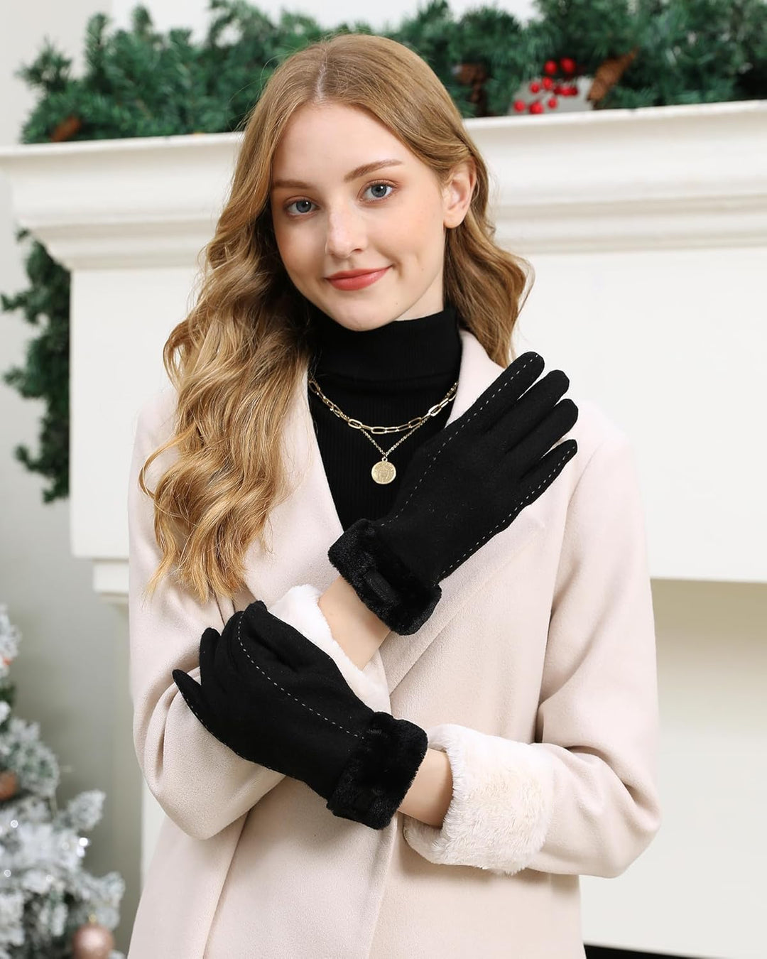 ZASFOU Damen Winter Touchscreen Handschuhe mit Thermo Fleecefutter, Warme und Dick Wolle Schwarz L,