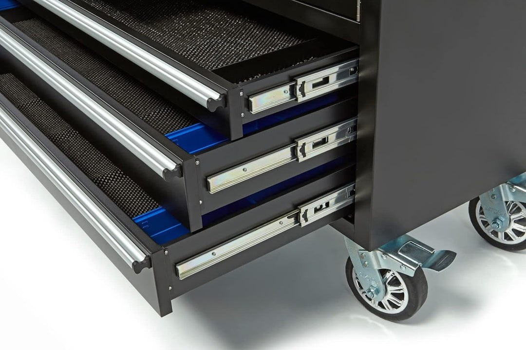 HBM Mobiler Werkzeugwagen mit Holzarbeitsplatte - 122 cm - Schwarz