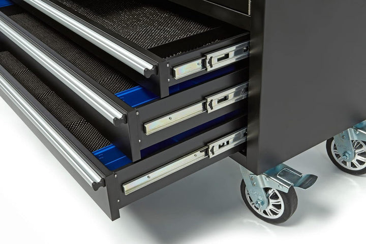 HBM Mobiler Werkzeugwagen mit Holzarbeitsplatte - 122 cm - Schwarz
