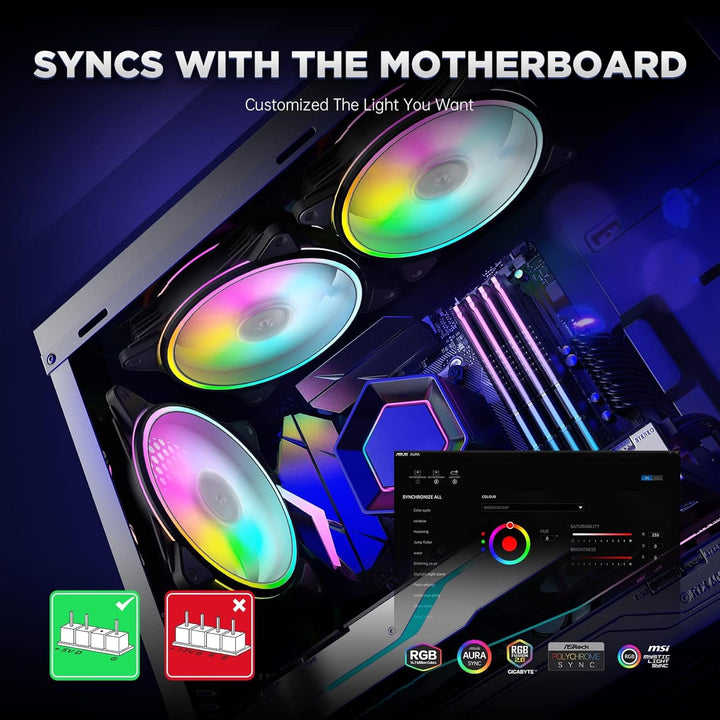 AsiaHorse PC 120MM RGB Lüfter, ARGB Gehäuselüfter mit Hub-Steuerung, 4 Rangen CPU Gehäuse Lüfter mit