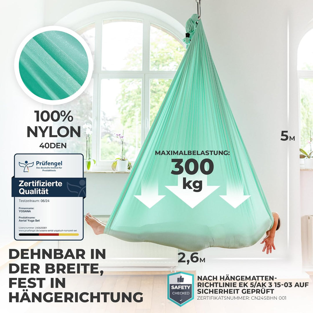Yosana Hängematte | Komplettset inkl. Befestigung | TÜV geprüft | Nylon Tuch 5m x 2,6m Mintgrün (1 S