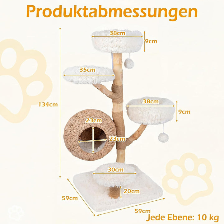 COSTWAY Kratzbaum Holz, 134 cm hoch, Katzenbaum mit Katzenkorb (Weiss) | Katzenturm mit 4 Plüschsitz