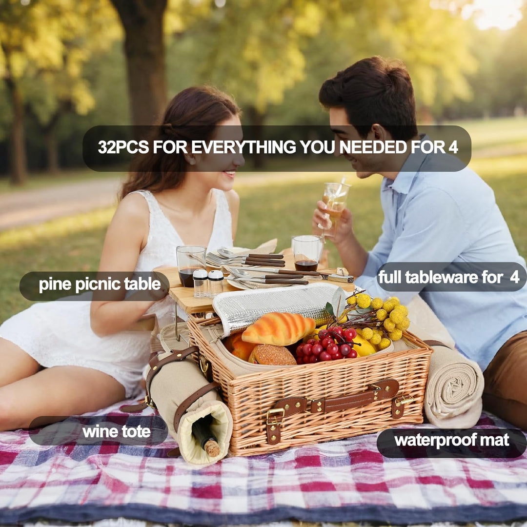 Multifunktionales Picknickkorb-Set aus Weidengeflecht für 4 Personen mit Decke und Picknicktisch, is