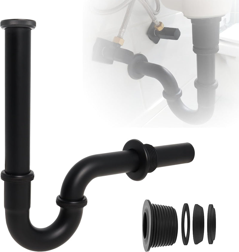 Siphon Waschbecken Schwarz【Extra Lang 200mm Tauchrohr】Universal Syphon Badezimmer Waschbecken 1 1/4"