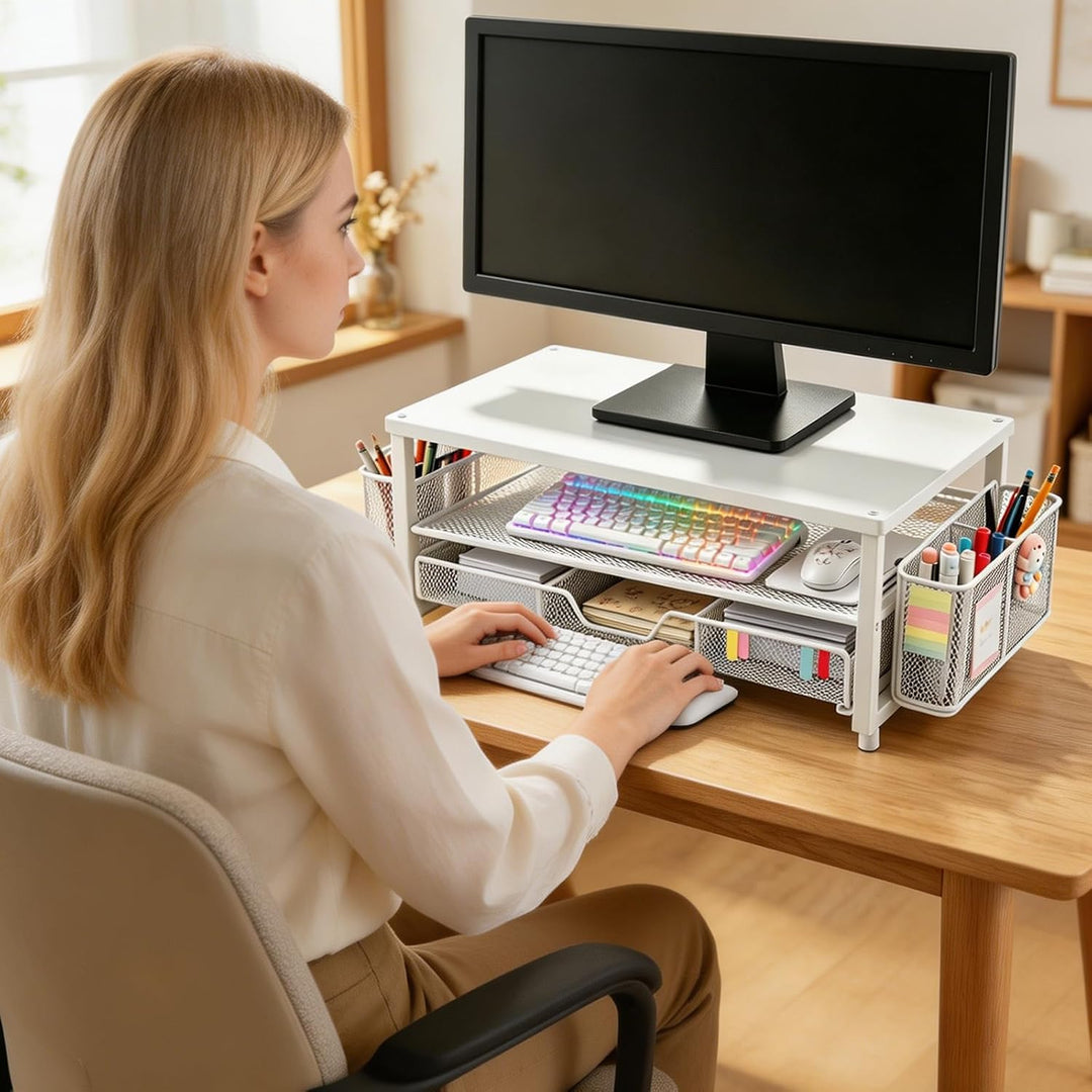 Monitor Erhöhung, ergonomischer Monitorständer mit Schublade und 2 Stifthaltern, Schreibtisch Organi