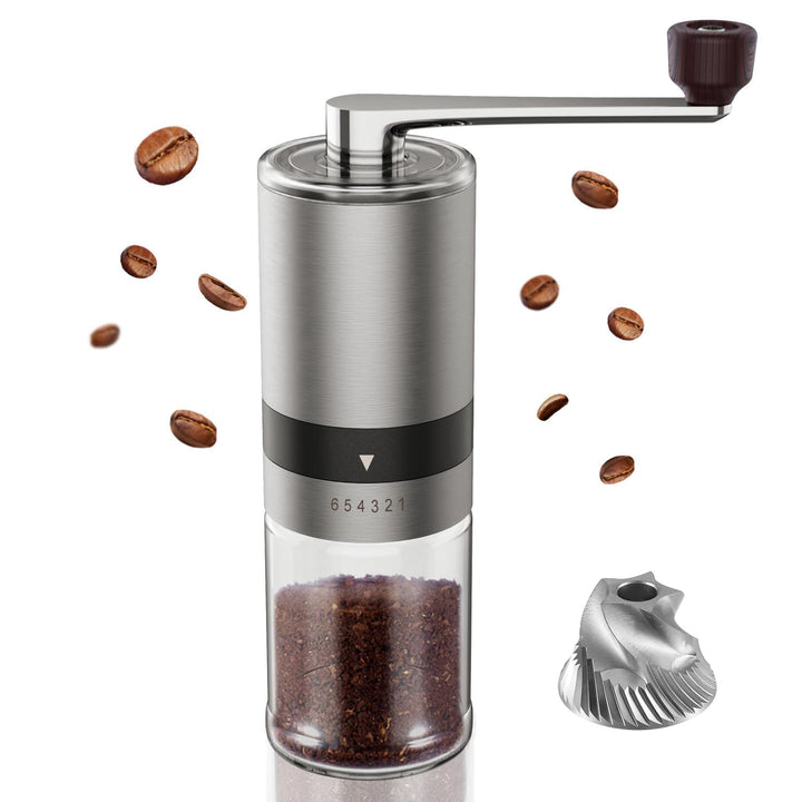 BRAVECOW Tragbare kaffeemühle manuell,Kegelmahlwerk aus Edelstahl kaffee mühle mit 6 einstellbaren S