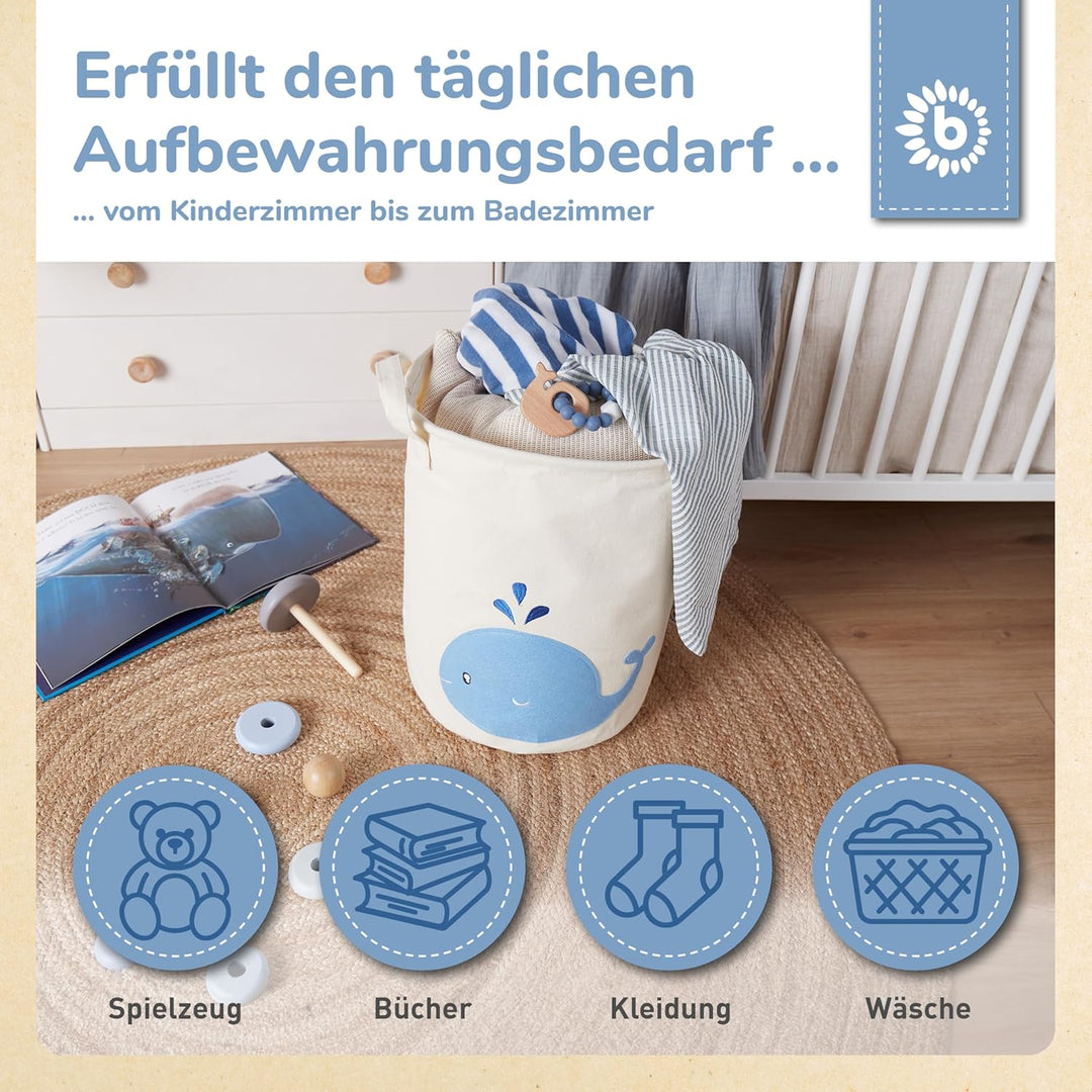 Bieco Wäschekorb Baby Wal | Grosser Aufbewahrungskorb Kinder Baumwolle und Wasserdicht | Aufbewahrun