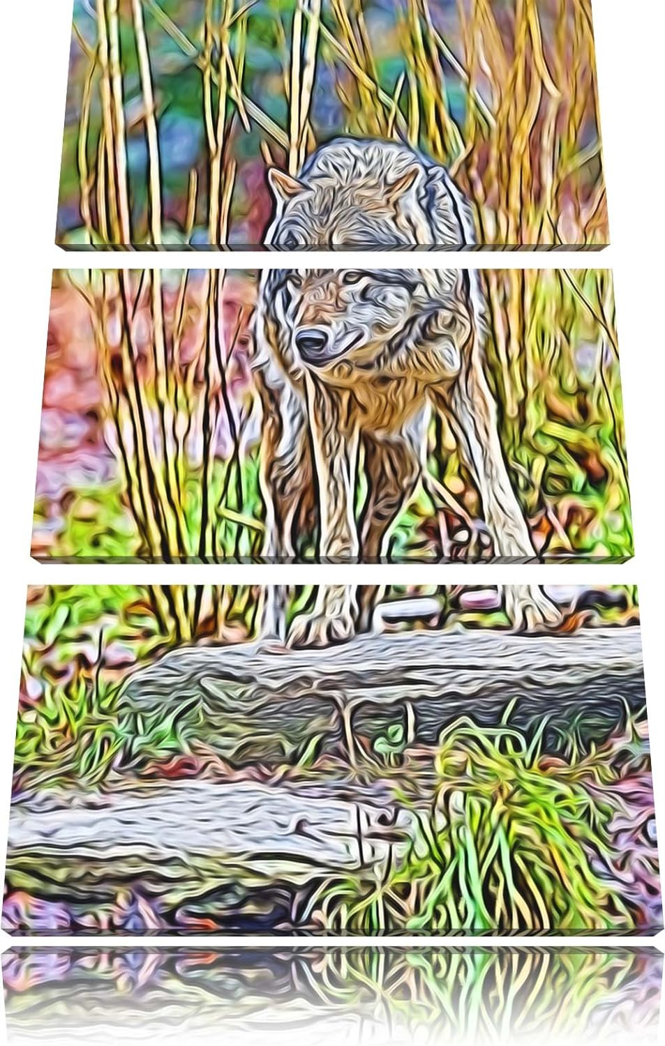 lauernder Wolf Spezial 3-Teiler Leinwandbild 120x80 Bild auf Leinwand, XXL riesige Bilder fertig ger