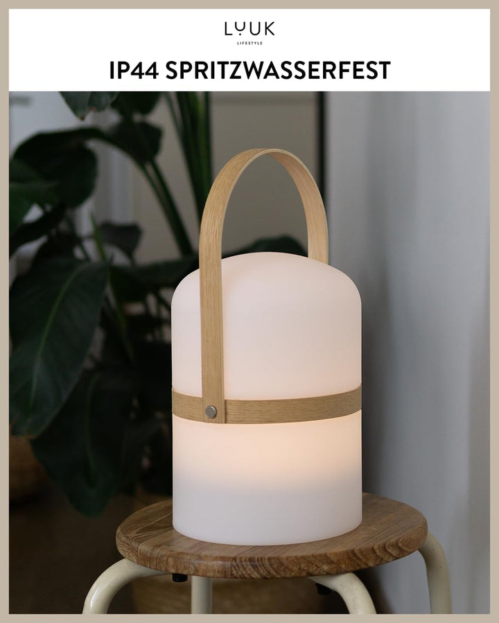 LUUK LIFESTYLE XXL Design Laterne mit Henkel aus Holz, 72h lange Leuchtdauer, per USB aufladbar und