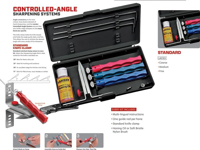 Lansky Schärfset mit 3 Abziehsteinen inkl. Klammer, Führungsstäbe, Schleiföl, Transportbox
