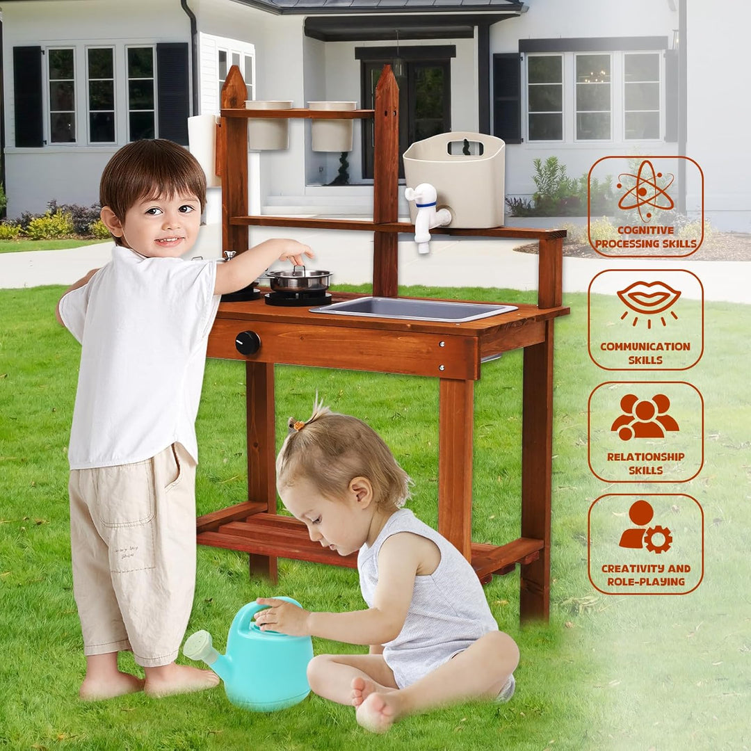 Outdoor Matschküche für Kinder – Robustes Spielzeugküche aus Holz mit Zubehör – Kreatives Sand- und