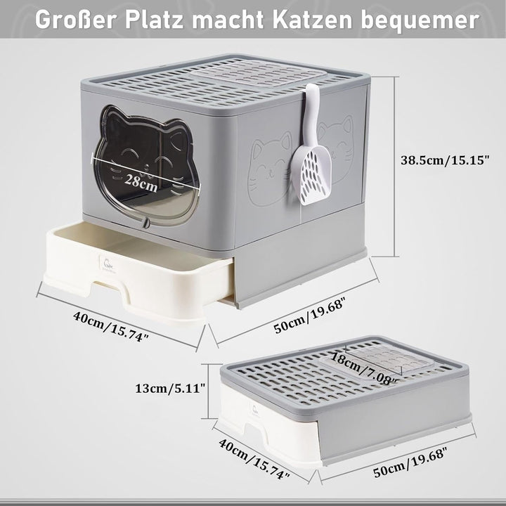 Vollständig Geschlossene Geruchsfreie Katzentoilette mit Dach, Grosse Faltbare Katzenklo mit Schubla
