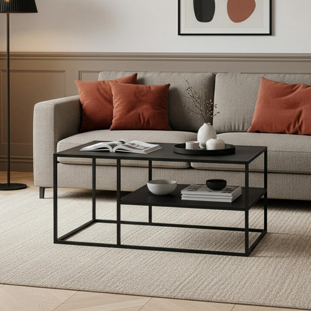 [en.casa] Couchtisch Solund Beistelltisch Metall Schwarz matt Wohnzimmertisch mit Stauraum 45 x 90 x