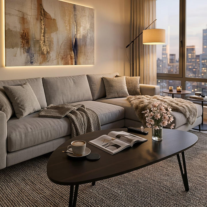 Manora Ovaler Couchtisch Schwarz Holz mit Stabilen Metallbeinen,Couchtisch Rund Schwarz, Moderner So