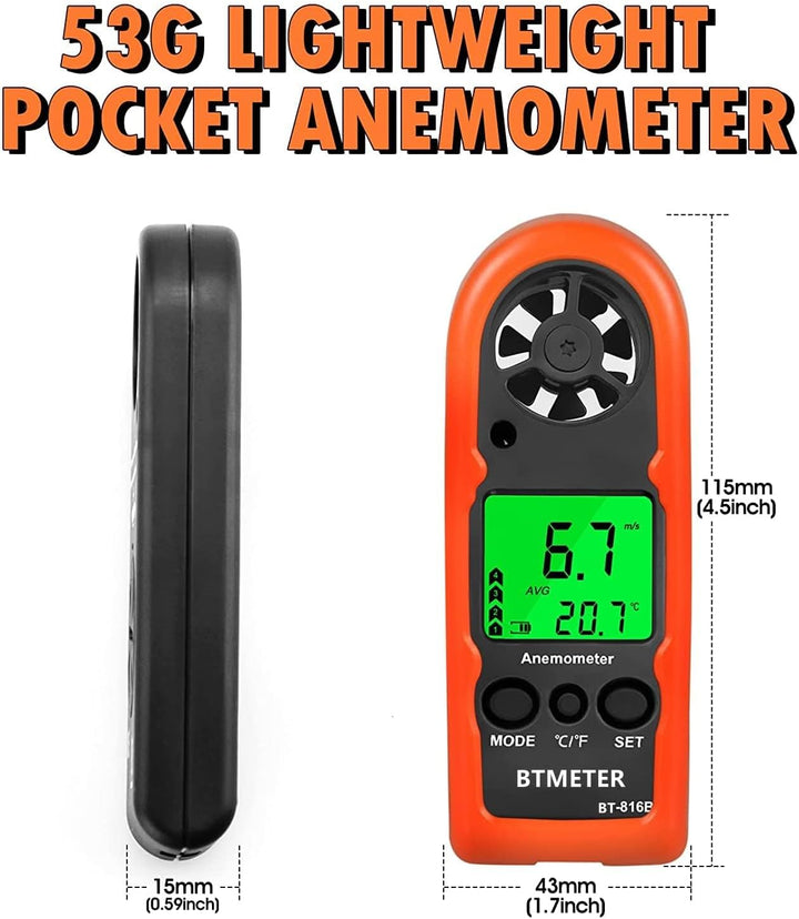 BTMETER Anemometer Handheld, BT-816B Digitaler Windmesser windmessgerät 0.3~30 m/s misst Windgeschwi