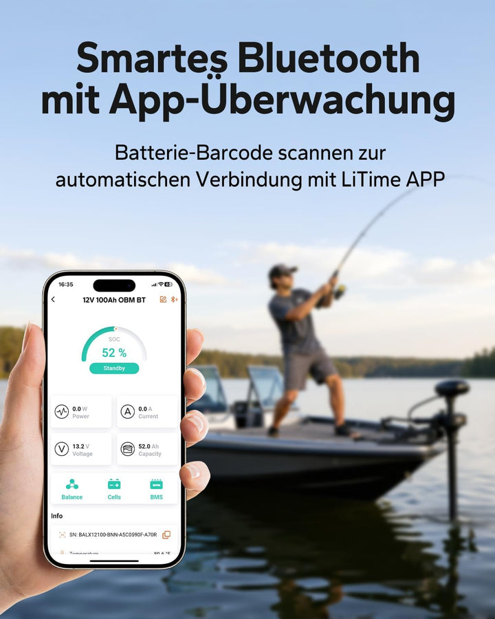 LiTime 12V 100Ah Smart LiFePO4 Batterie für Elektrische Aussenbord Trolling Motor, Bluetooth Lithium