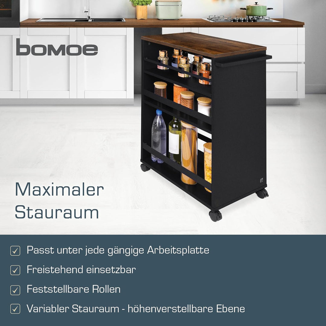 bomoe Nischenwagen Servierwagen auf Rollen mit 3 verstellbaren Ebenen & FSC® Holz Küchenwagen mit Ar