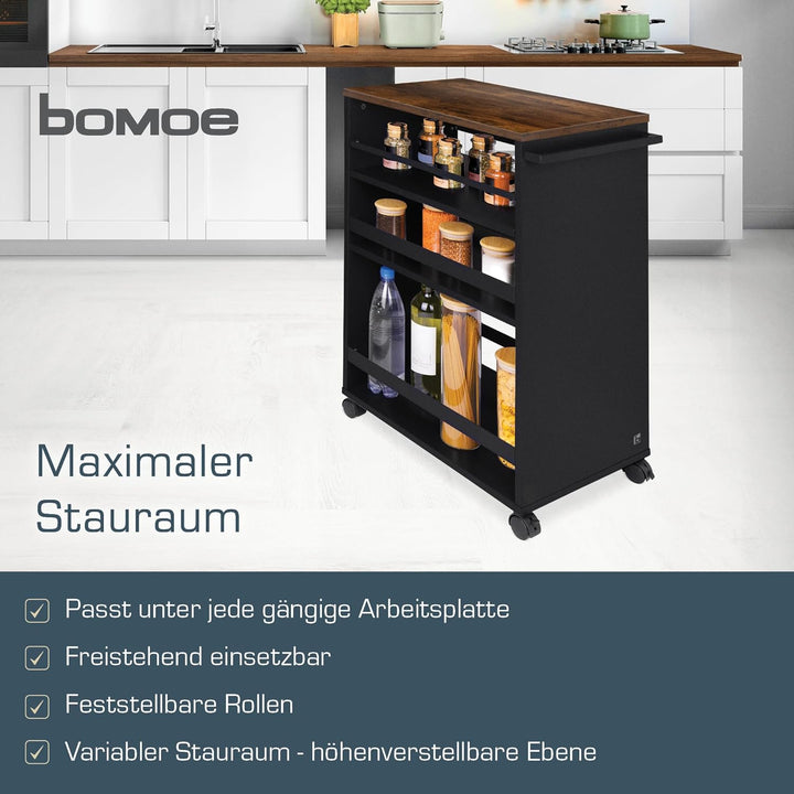 bomoe Nischenwagen Servierwagen auf Rollen mit 3 verstellbaren Ebenen & FSC® Holz Küchenwagen mit Ar