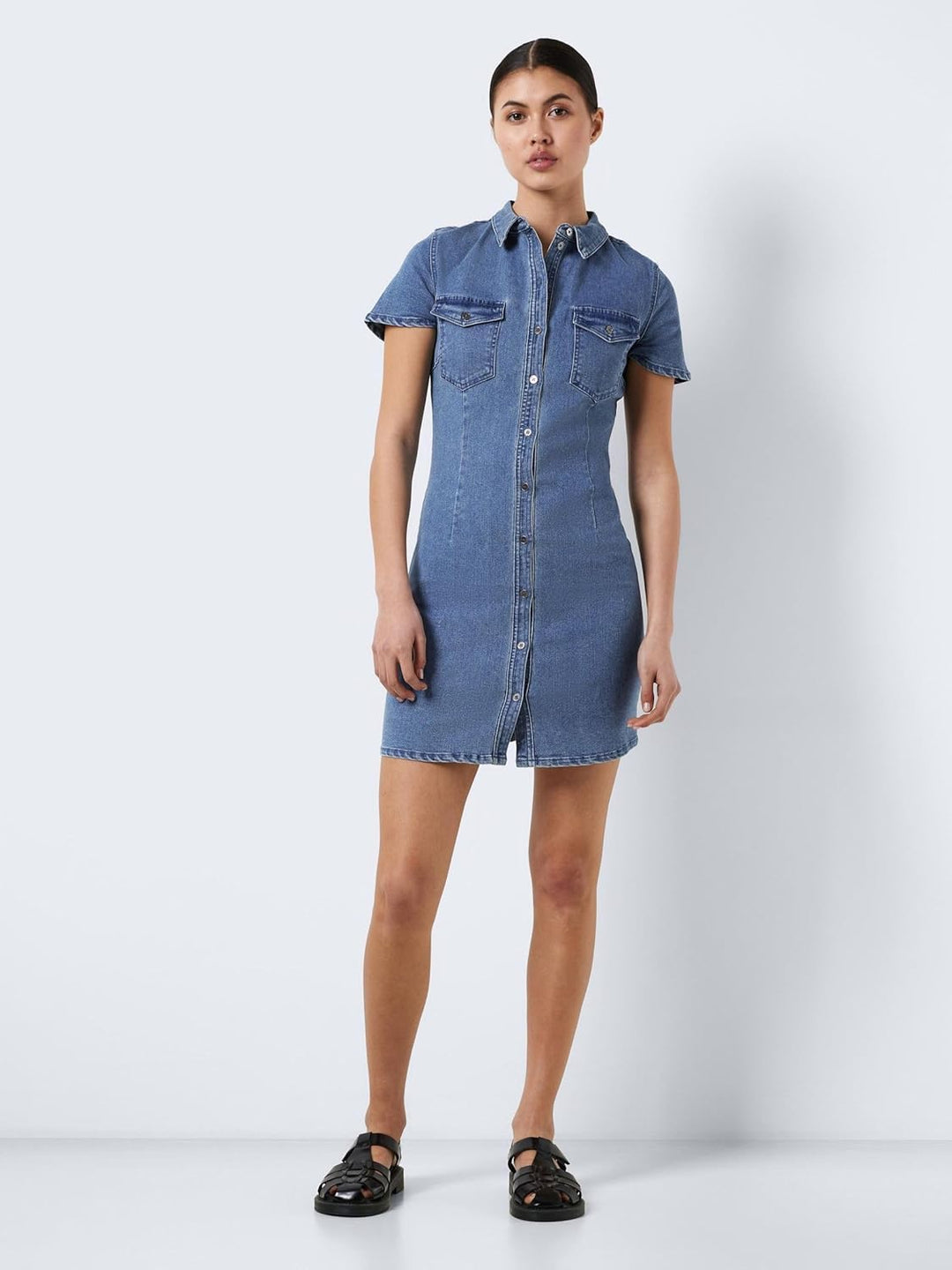 Noisy may Joy Short Sleeve Mid Wash Denim Day Dress M Medium Blue Denim, M Medium Blue Denim