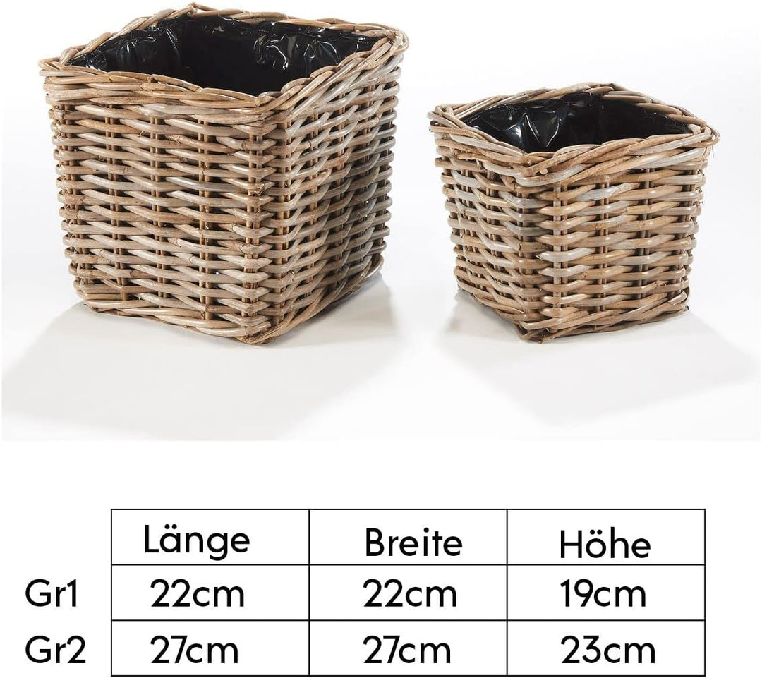 Kobolo Pflanzkorb Pflanzschale aus Rattan mit Folie in kubu Grey grau im 2er Set