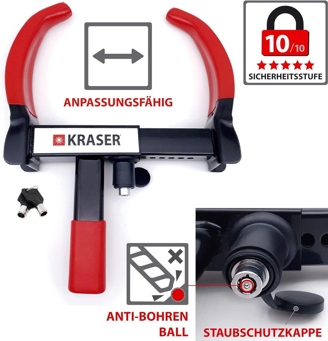 KRASER KR820 Radkralle Parkkralle mit Sicherheitsschloss für Auto PKW Wohnwagen, Anhänger Reifenkral