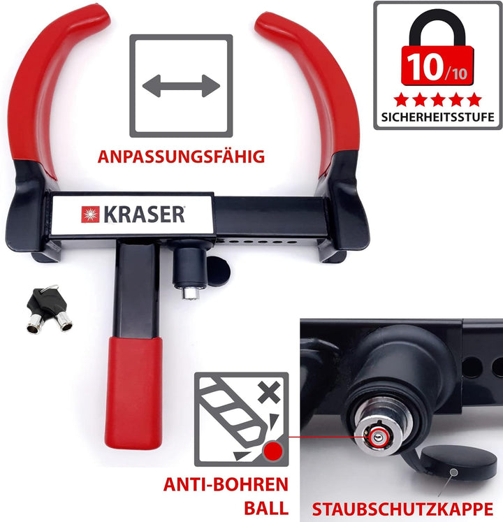 KRASER KR820 Radkralle Parkkralle mit Sicherheitsschloss für Auto PKW Wohnwagen, Anhänger Reifenkral