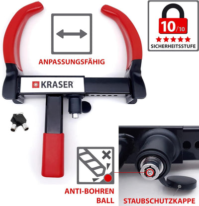 KRASER KR820 Radkralle Parkkralle mit Sicherheitsschloss für Auto PKW Wohnwagen, Anhänger Reifenkral