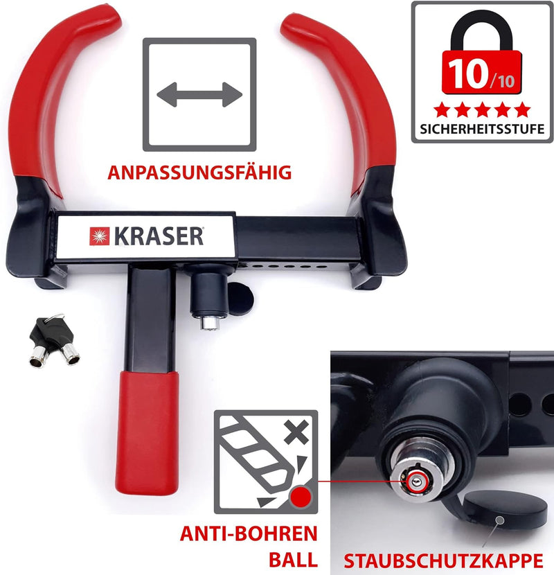 KRASER KR820 Radkralle Parkkralle mit Sicherheitsschloss für Auto PKW Wohnwagen, Anhänger Reifenkral