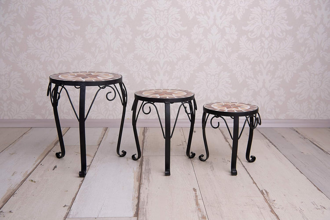 dszapaci Blumenhocker 3er Set Mosaik rund Garten Blumenständer Metall Terrasse Pflanzenständer Keram