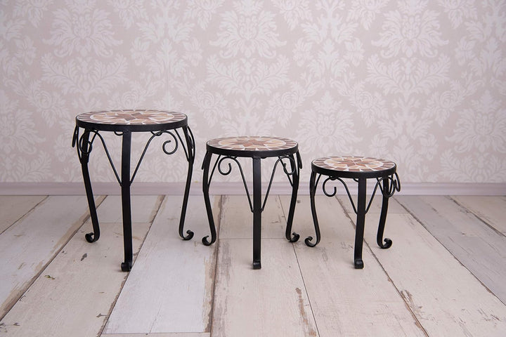 dszapaci Blumenhocker 3er Set Mosaik rund Garten Blumenständer Metall Terrasse Pflanzenständer Keram