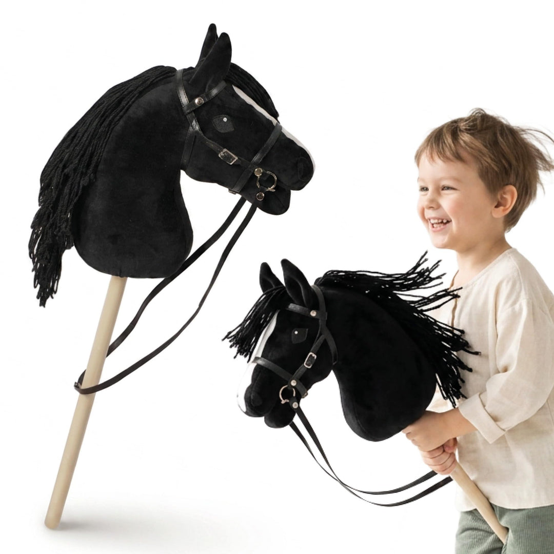 mamabrum Hobby Horse Schwarz Steckenpferd Kinder 68 cm | Steckenpferd mit Holzstab, abnehmbarem Zaum