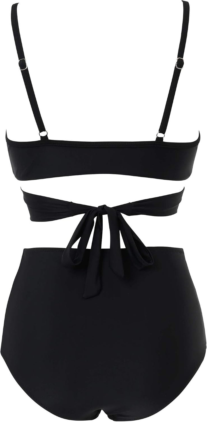 RXRXCOCO Damen Wickel Push Up Bikini Oberteil mit Bauchweg High Waist Bikini Set Bademode XL Schwarz
