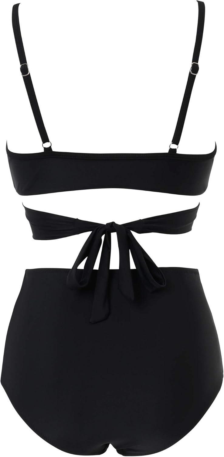 RXRXCOCO Damen Wickel Push Up Bikini Oberteil mit Bauchweg High Waist Bikini Set Bademode L Schwarz,