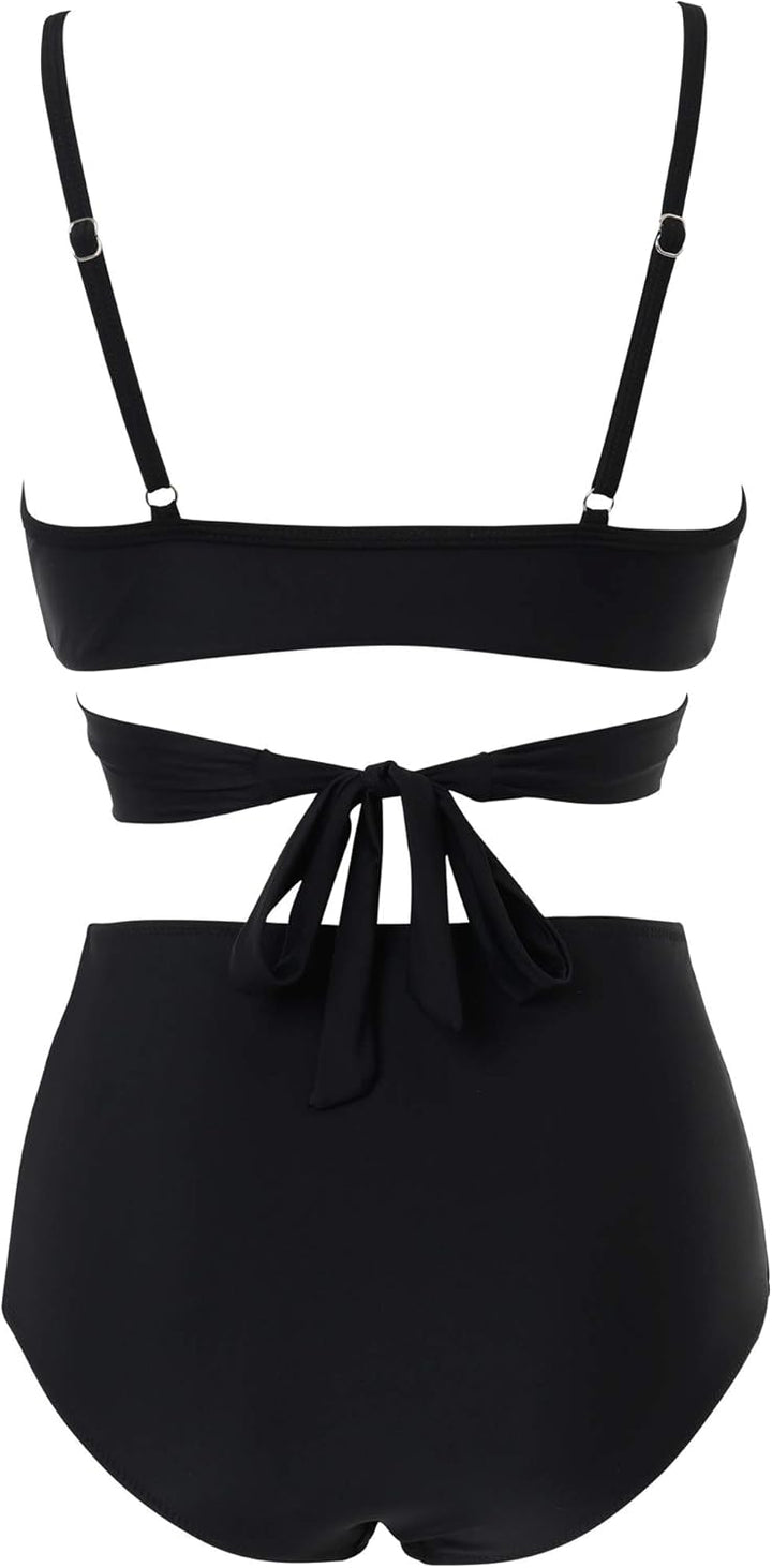RXRXCOCO Damen Wickel Push Up Bikini Oberteil mit Bauchweg High Waist Bikini Set Bademode L Schwarz,