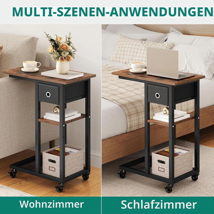YITAHOME Beistelltisch, C-Form Sofatisch mit Rollen und Schublade，Wohnzimmertisch für Kaffee und Lap